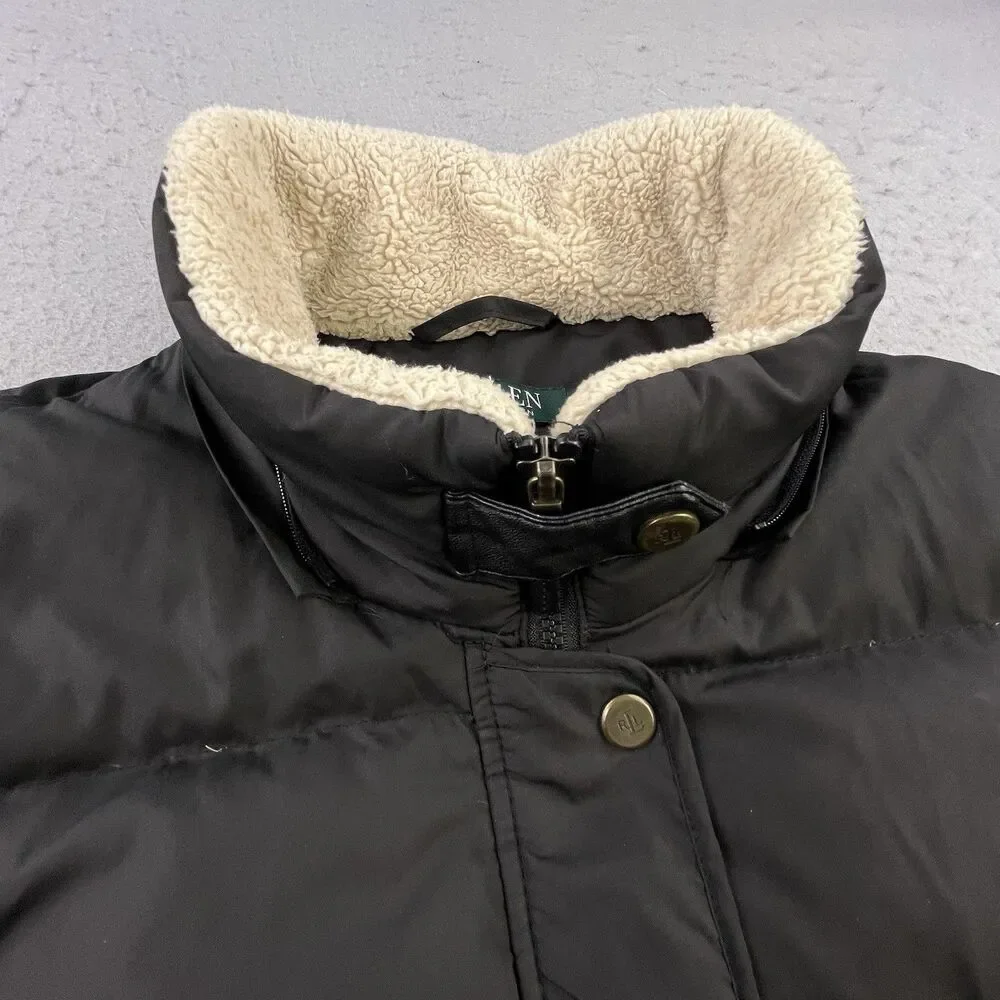 Lauren Ralph Lauren Down Puffer Coat Women's S Black Feather Removable Fur Hood